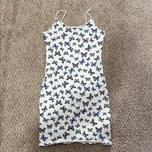 SHEIN White Mini Dress with Blue Butterfly Print